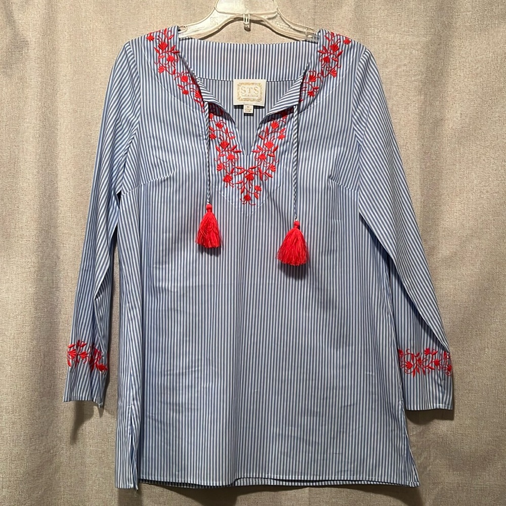 STS Sail to Sable Blue Stripe Embroidered Tunic Top Size Medium